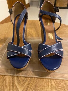 Flexi Navy Blue Leather Cork Wedge Sandals – 4” Heel – Made in Mexico
